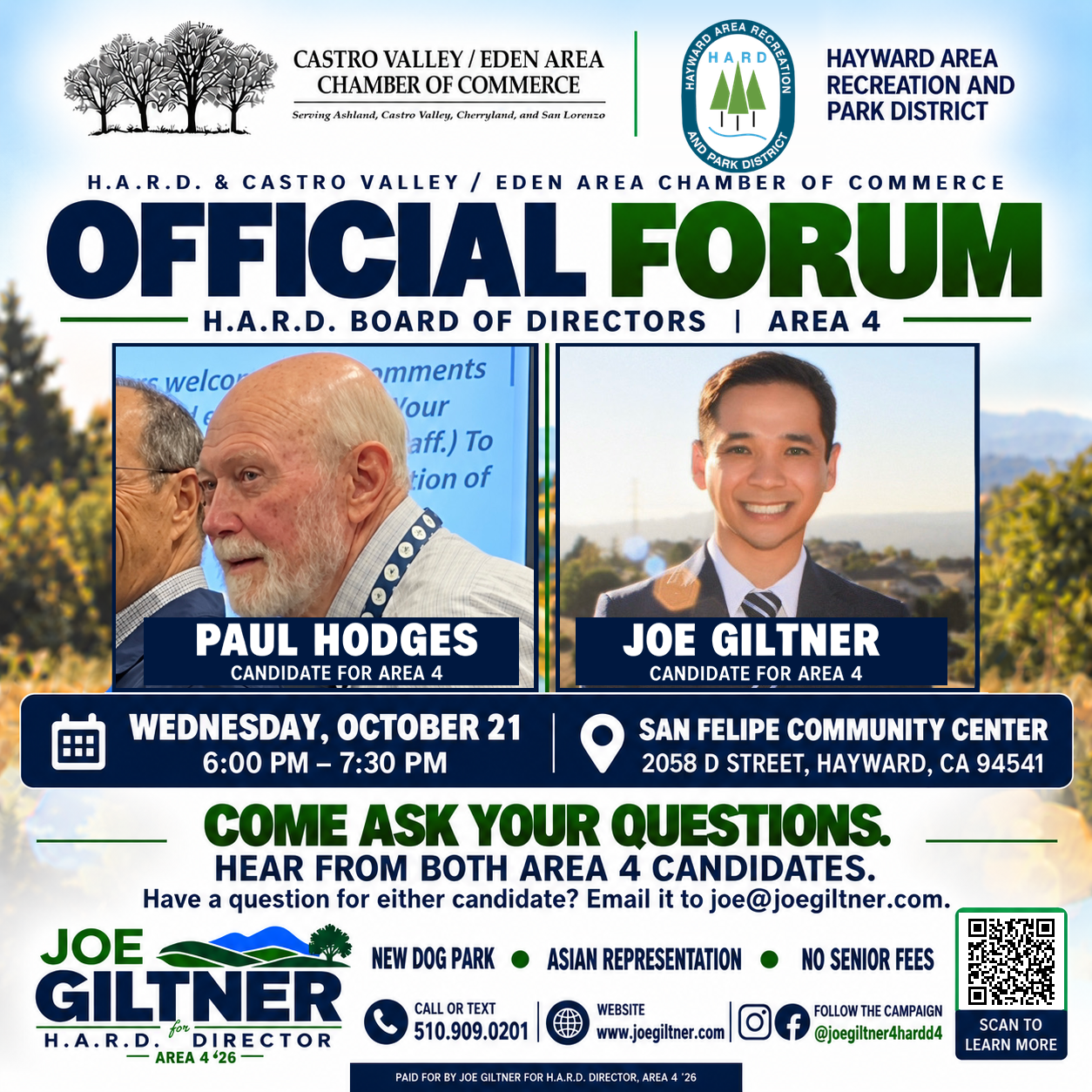 Official Area 4 candidate forum, Wednesday October 21 from 6 PM to 7:30 PM at San Felipe Community Center
