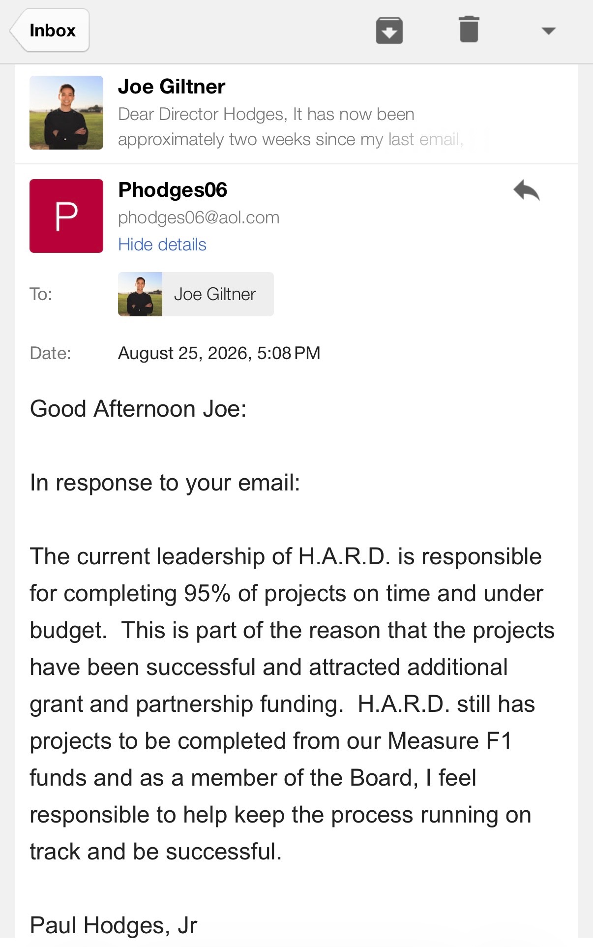 Screenshot of Director Paul Hodges's August 25, 2026 email containing his 95% statement
