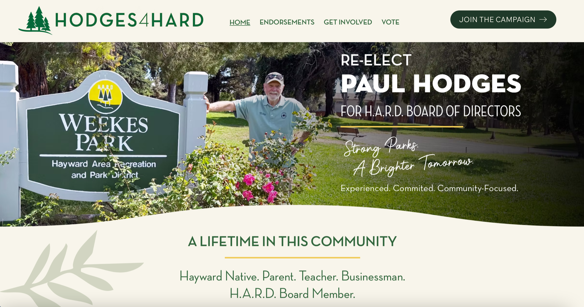 Screenshot of Director Hodges campaign website featuring Weekes Park