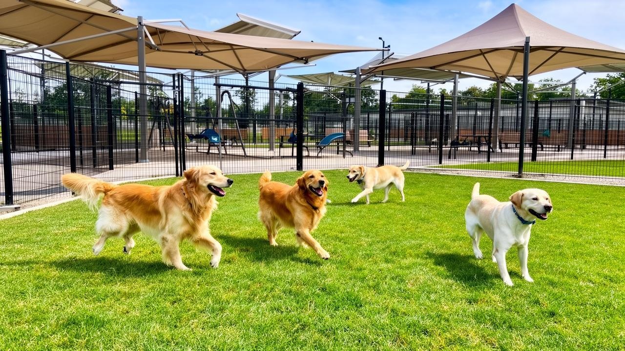 Dogs running together inside a fenced dog park