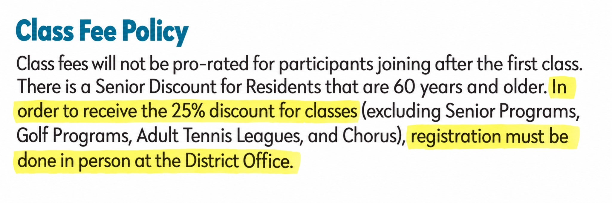 Highlighted H.A.R.D. Fall 2026 Class Fee Policy showing the 25 percent senior discount and in-person registration requirement